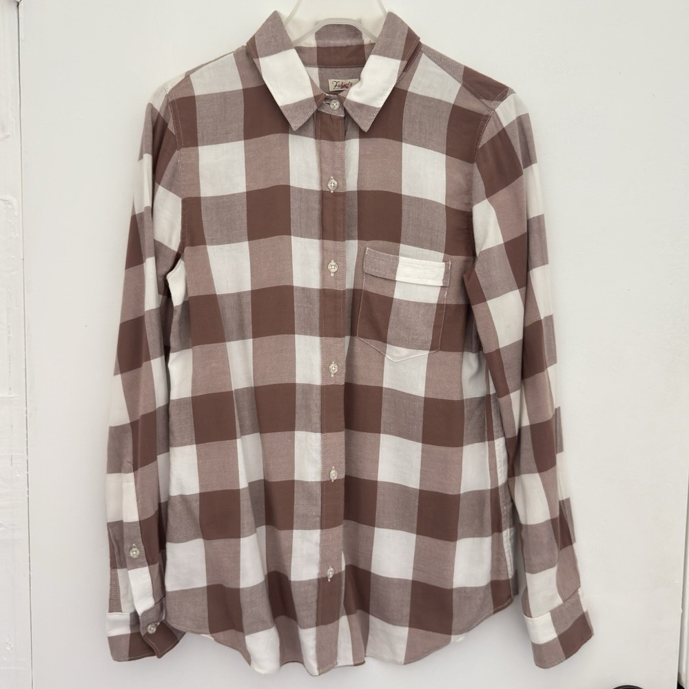 FAHERTY Shirt Womens XS Brown Plaid Organic Cotton Blend Boho Western Casual